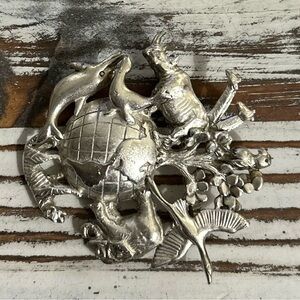 AJC Vintage Brooch Multiple Animals Around the World Earth Planet Silver Tone